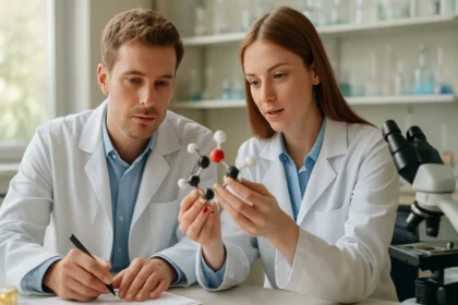 Két kémikus műanyag molekulamodellt tanulmányozva laboratóriumban.