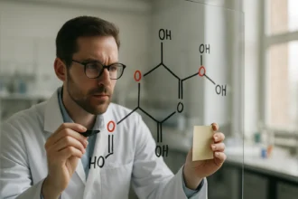 Kémikus tetrózok szerkezetét rajzolja egy üvegfelületre.