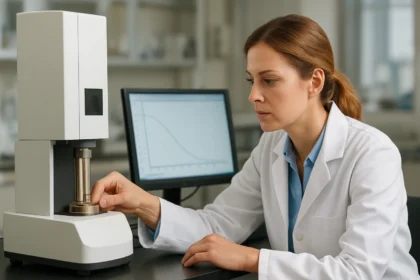 Egy laboratóriumi technikus termogravimetriai analízist végez.