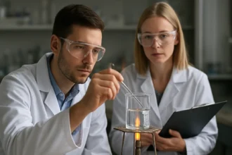 Két tudós kémiai kísérletet végez a laborban