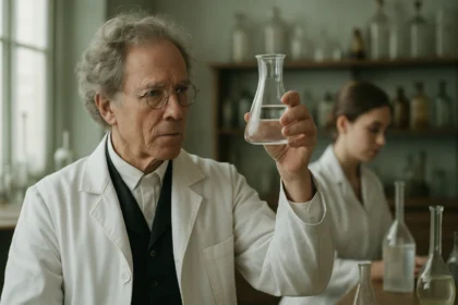 Kémikus laboratóriumban kémcsövet tartva, háttérben laboratóriumi eszközök.