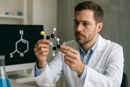 Egy tudós a tiazol molekula modelljét vizsgálja laboratóriumban.