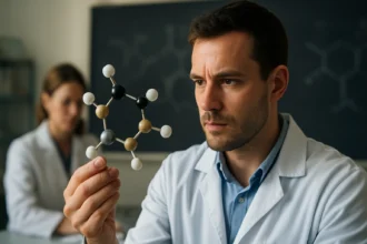 Kémikus a tienil gyűrű modellel, háttérben laboratórium.