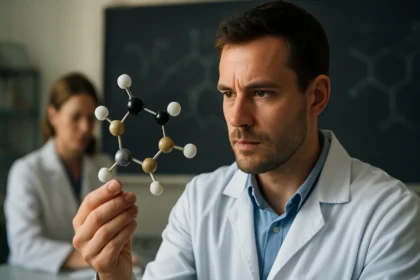 Kémikus a tienil gyűrű modellel, háttérben laboratórium.