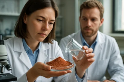 Két kutató timföldöt vizsgál egy laboratóriumban