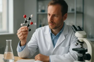 Kutató timol molekulát vizsgál, laboratóriumban.