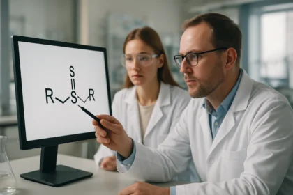 Két kutató a tioéterek szerkezetét tanulmányozza egy számítógépen.