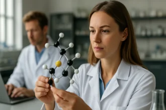 Női kémikus a tiofén molekula modelljét tanulmányozza laboratóriumban.