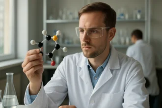 Kémikus tiofuran molekula modellel laboratóriumban.