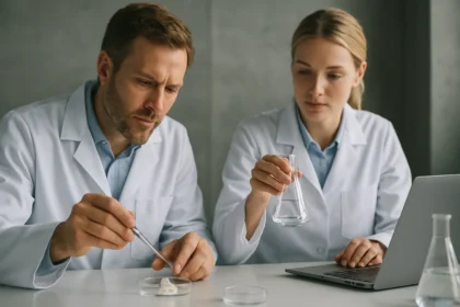 Két tudós laboratóriumban tiokarbamid kísérletezés közben.