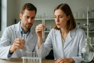 Kémiai kísérlet laboratóriumban, ahol szakemberek szennyeződéseket vizsgálnak.