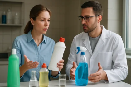 Két személy tisztítószereket elemzi laboratóriumi környezetben