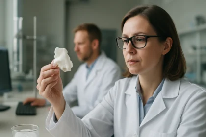 Nő laboratóriumban, termoplasztikus keményítőt vizsgálva