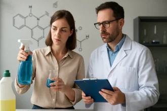 Két szakértő kémiai tisztítószereket elemez egy laborban.