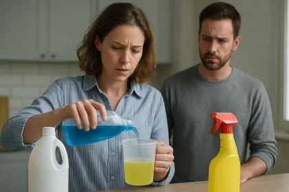 Nő, aki tisztítószert önt egy pohárba, férfi figyeli, aggodalommal.