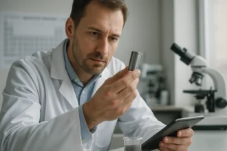 A kémikus titánt vizsgál a laborban, kémiai anyagok környezetében.