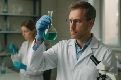 Kémiai kísérlet során titán(IV)-kloridot vizsgáló tudós.