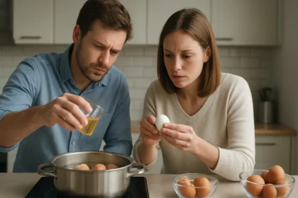 Két ember tojásfőzés közben, figyelmesen készülnek az étkezésre