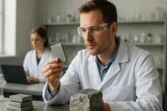 Kutató a fémötvözeteket vizsgálja laboratóriumban.