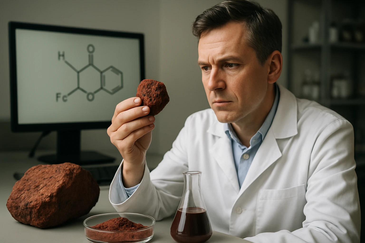 Egy tudós a vas(III)-oxid (hematit) kőzetét vizsgálja laboratóriumban.