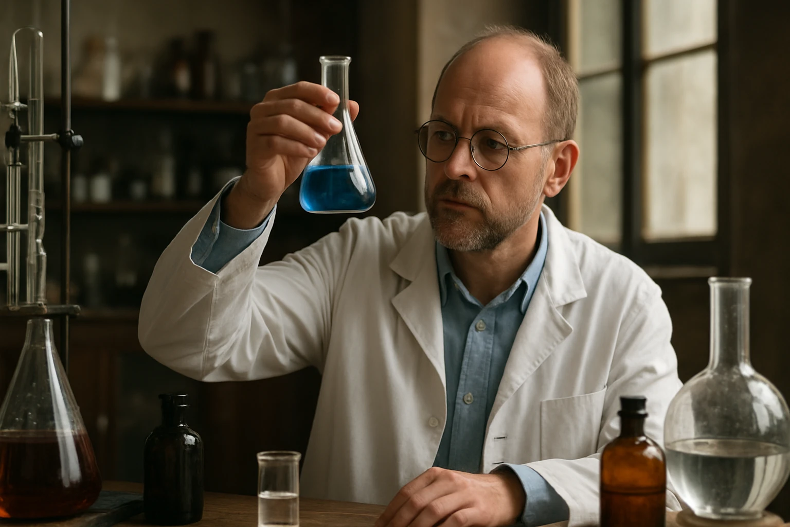 Kémikus kísérletezik kék folyadékkal laboratóriumban.