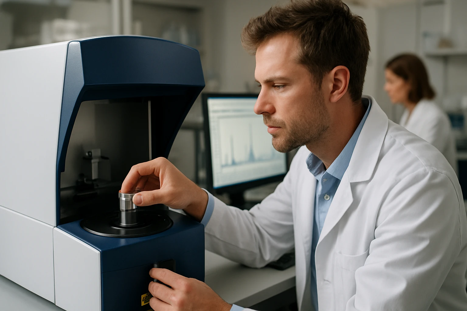 Laboratóriumi szakember XRF spektrométerrel végzi az elemanalízist.