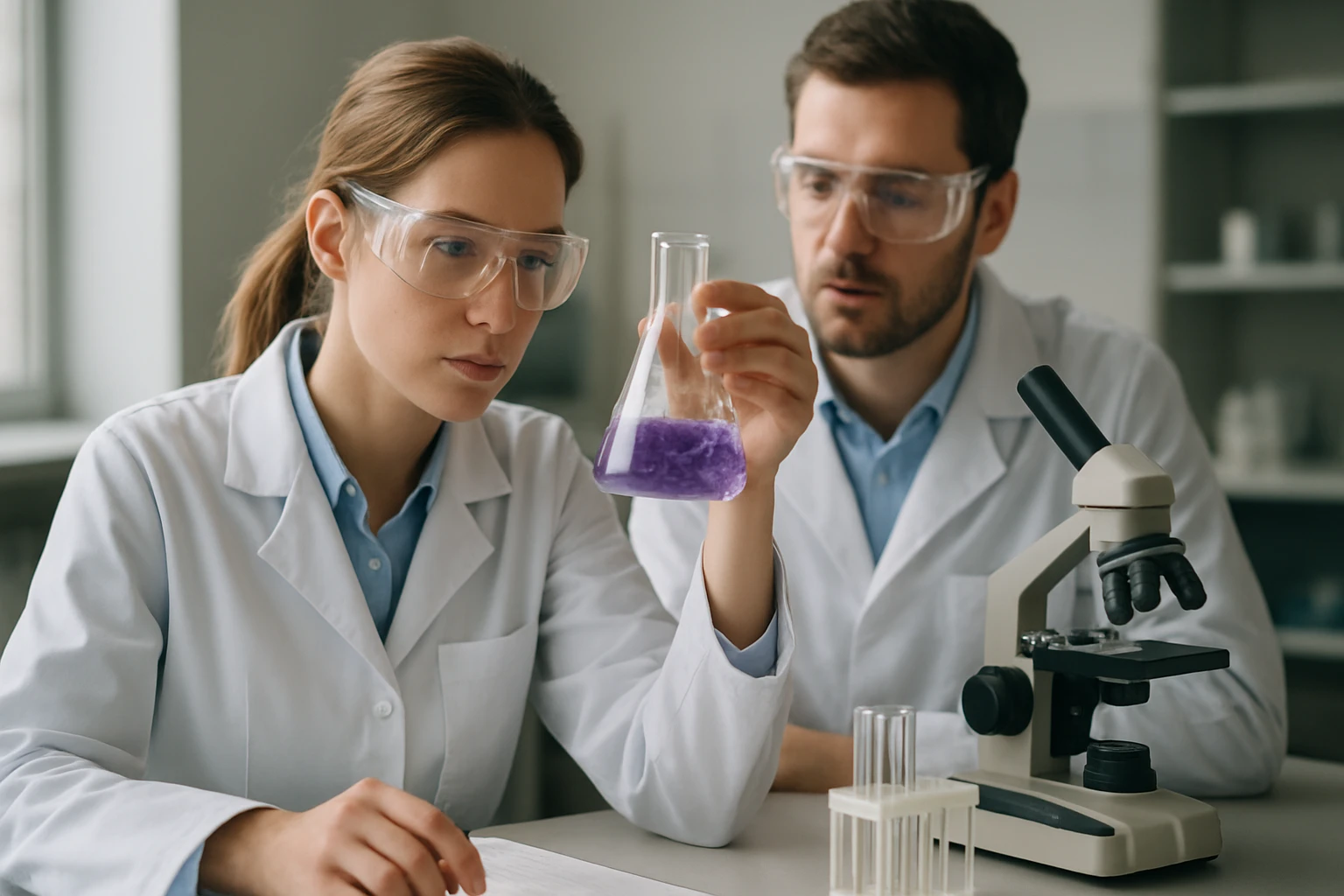 Laboratóriumi kísérlet vas(III)-szulfáttal, kémikusok figyelnek.