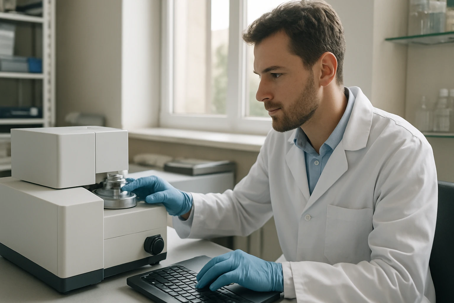 Laboratóriumi dolgozó termoanalízis berendezést kezel