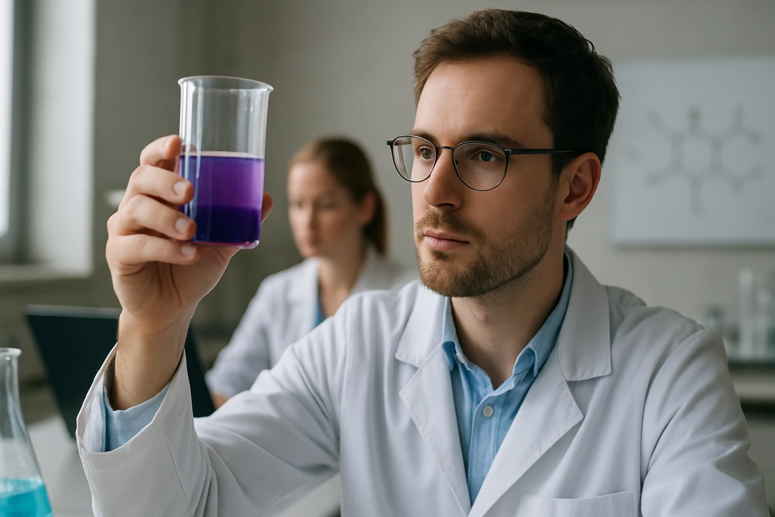 Férfi laboratóriumban színes folyadékot vizsgál