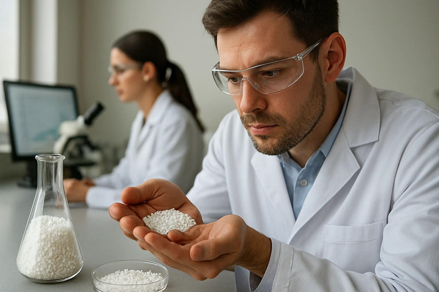 Férfi laboratóriumi környezetben, termoplasztikus keményítőt vizsgál.