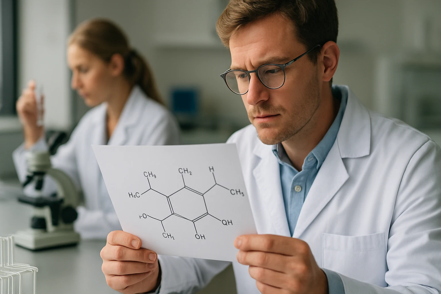 Kémikus terpének szerkezetét vizsgáló laboratóriumi jelenet