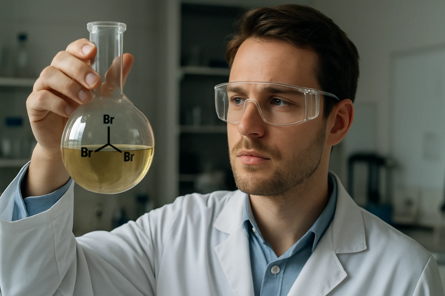 Kémikus tetrabróm-metánt vizsgál egy kémcsőben laboratóriumi környezetben.