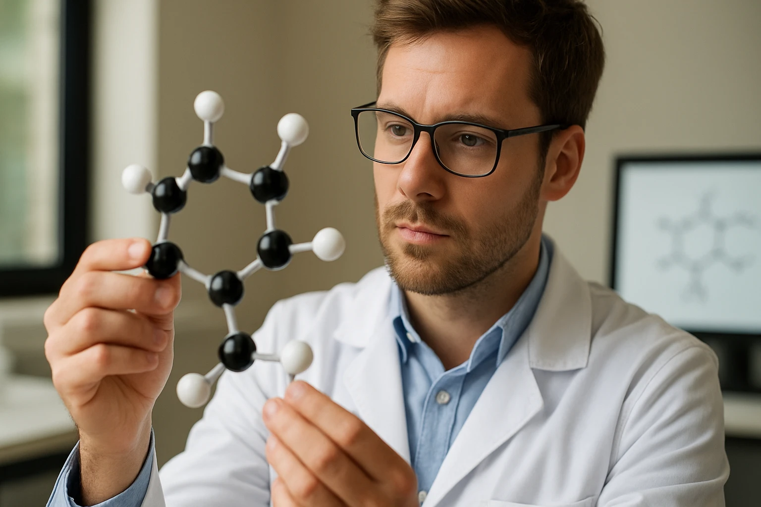 Kémikus vizsgálja a tetradekánsav molekuláját a laborban.