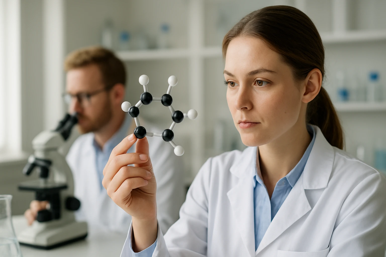 Kémikus nő tetrahidrobenzol molekulát vizsgál a laborban.