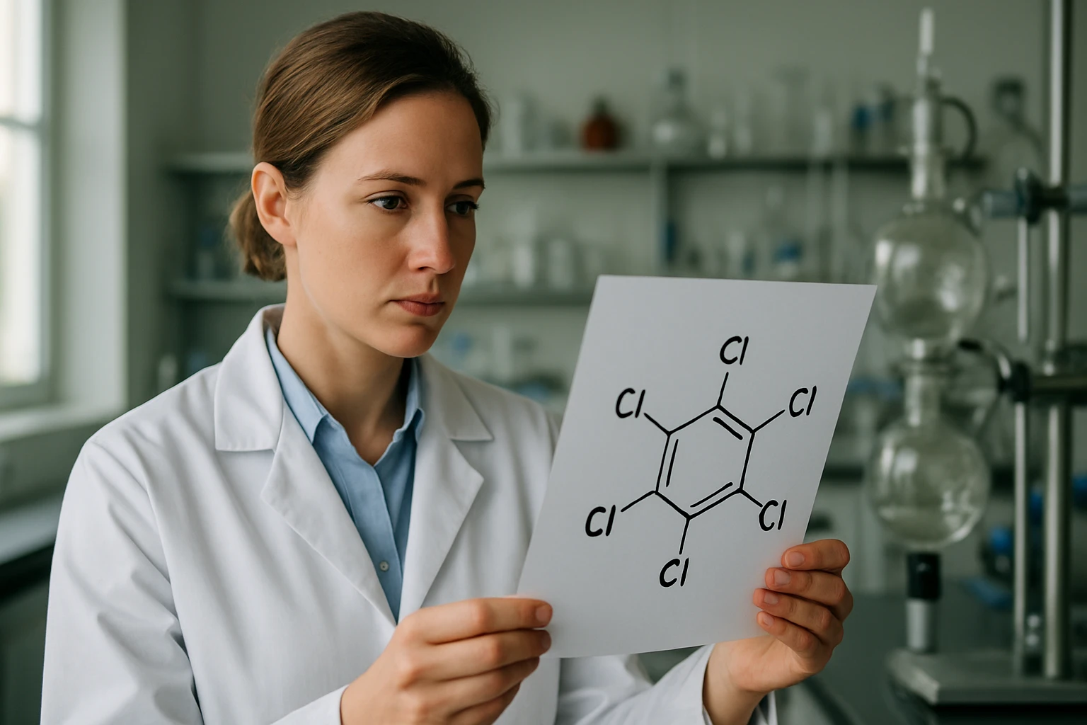 A tetraklór-etén molekula képlete analízis közben egy laboratóriumban.