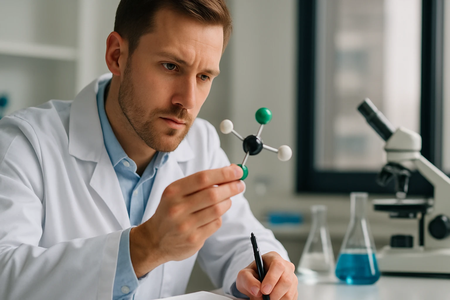 A tudós a tetraklór-etilén molekuláját tanulmányozza laboratóriumban.