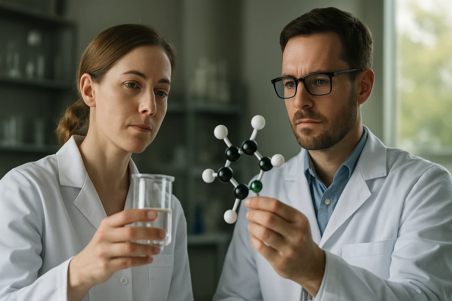 Két kutató tetraklórfenol molekulát tanulmányoz a laborban.