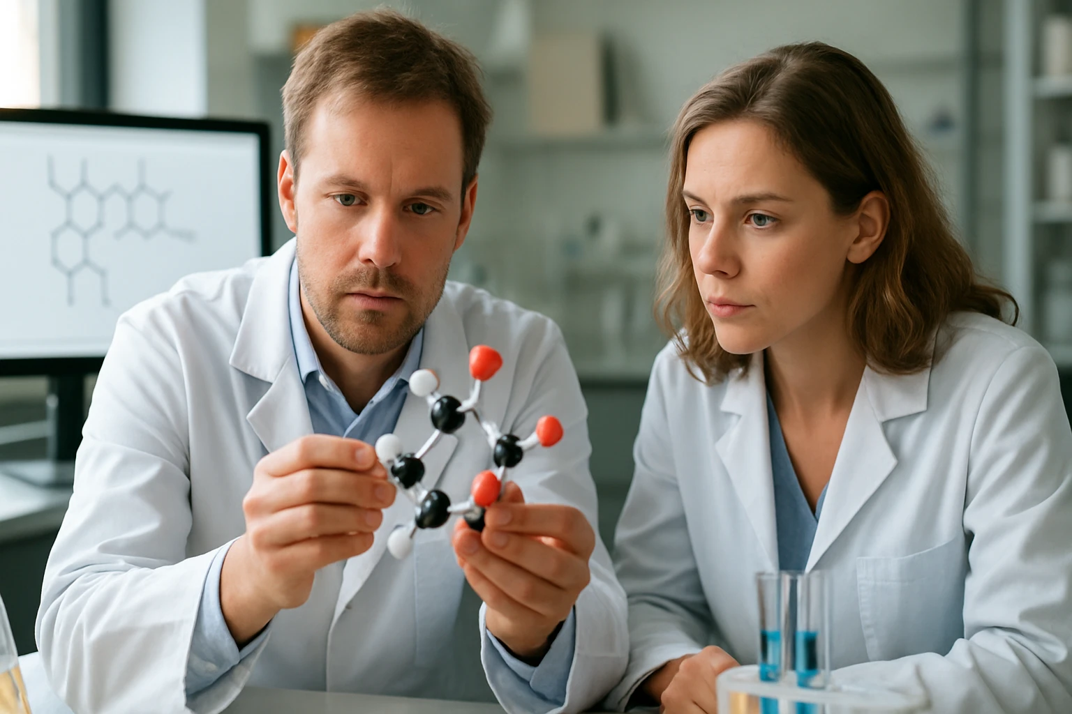 Két kutató tetramerizációval foglalkozik molekulák modellezése közben.