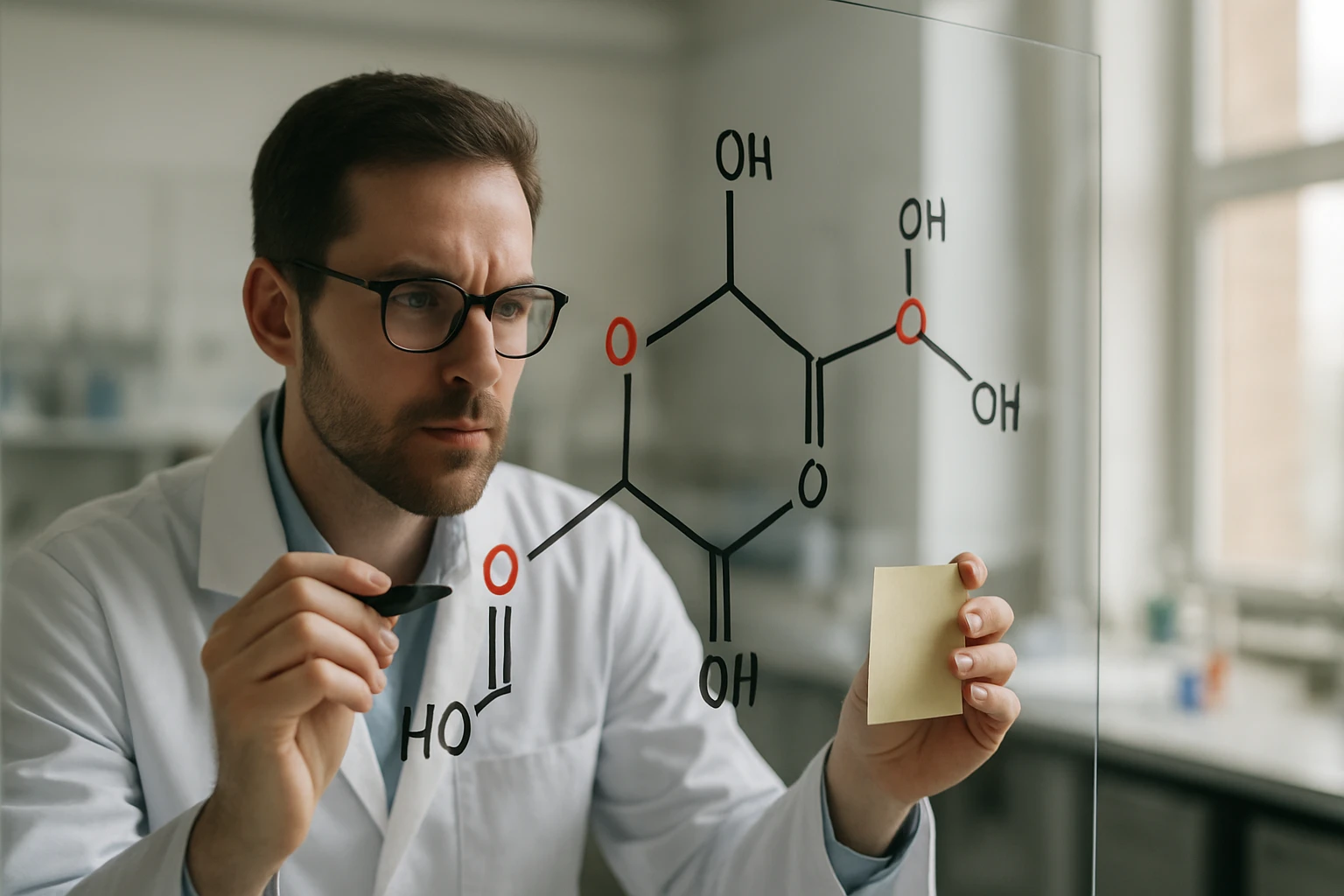 Kémikus tetrózok szerkezetét rajzolja egy üvegfelületre.