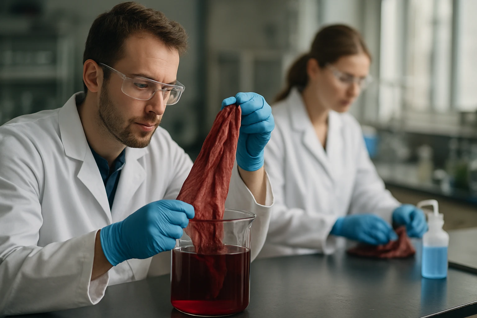 Kémikusok textilanyag pácolás során laboratóriumban