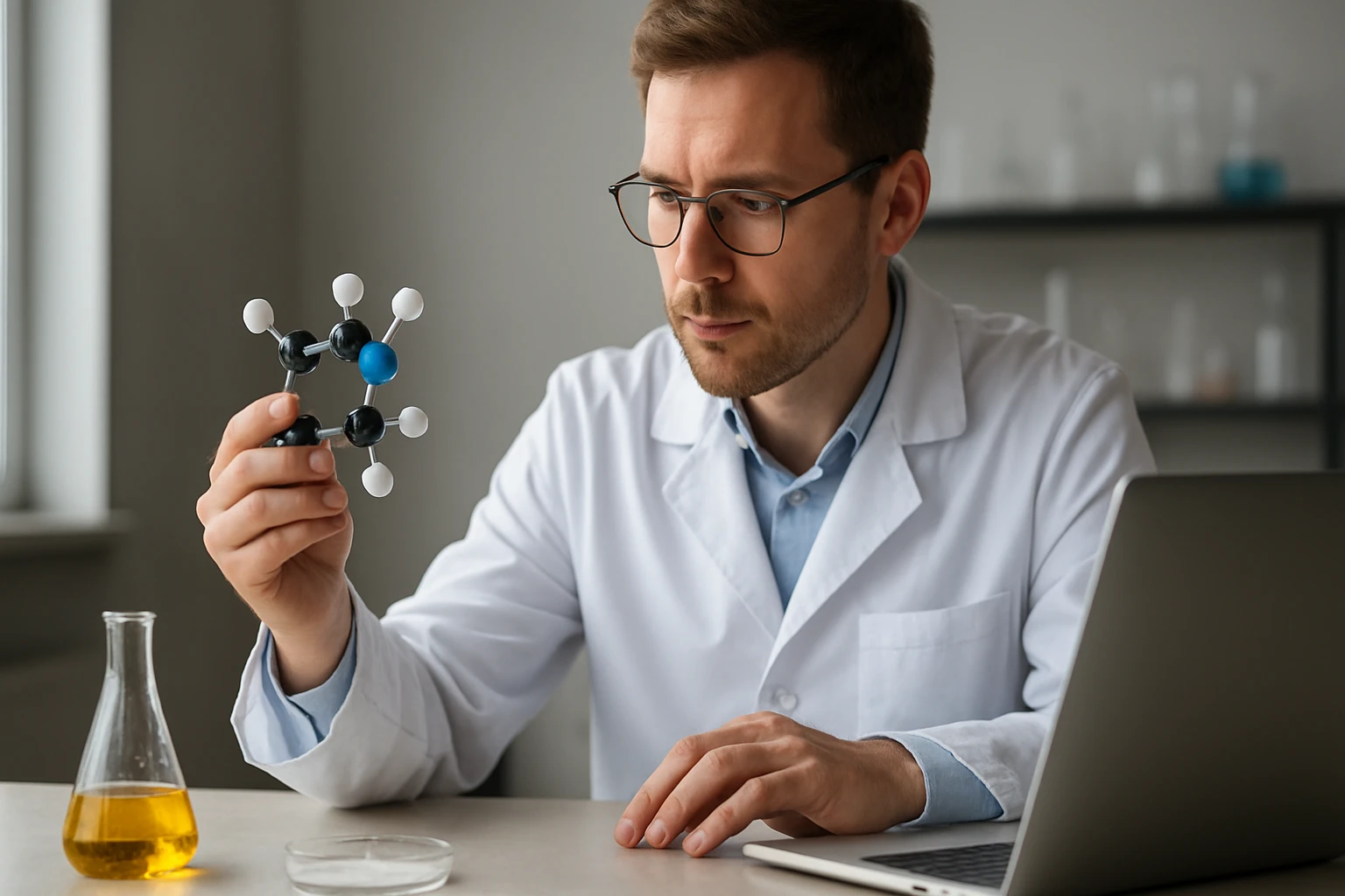 Kémikus laborkörnyezetben timsó molekulát vizsgál.