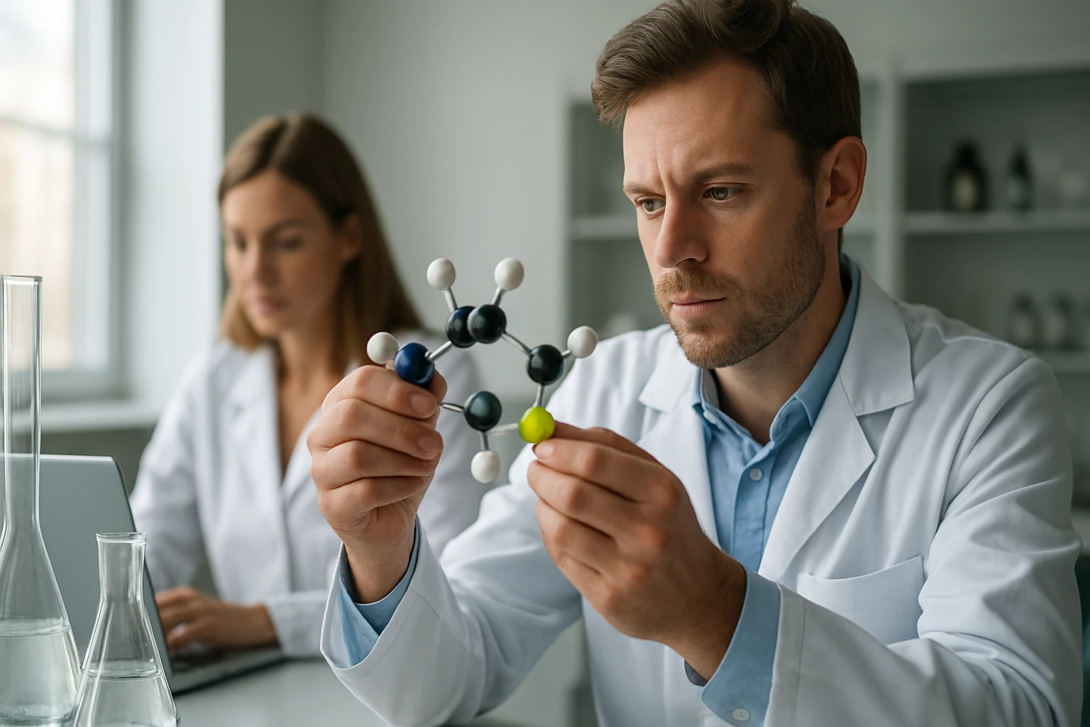 Kémikus tiocianát molekulát vizsgál egy laborban.