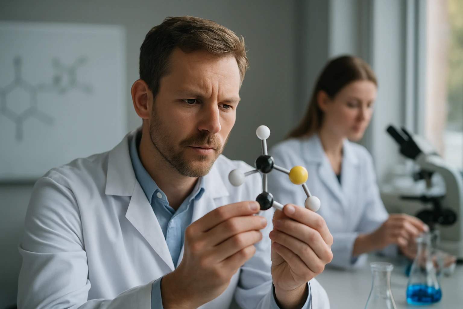 Kutatók laboratóriumban, kémiai molekulamodellek vizsgálatával.