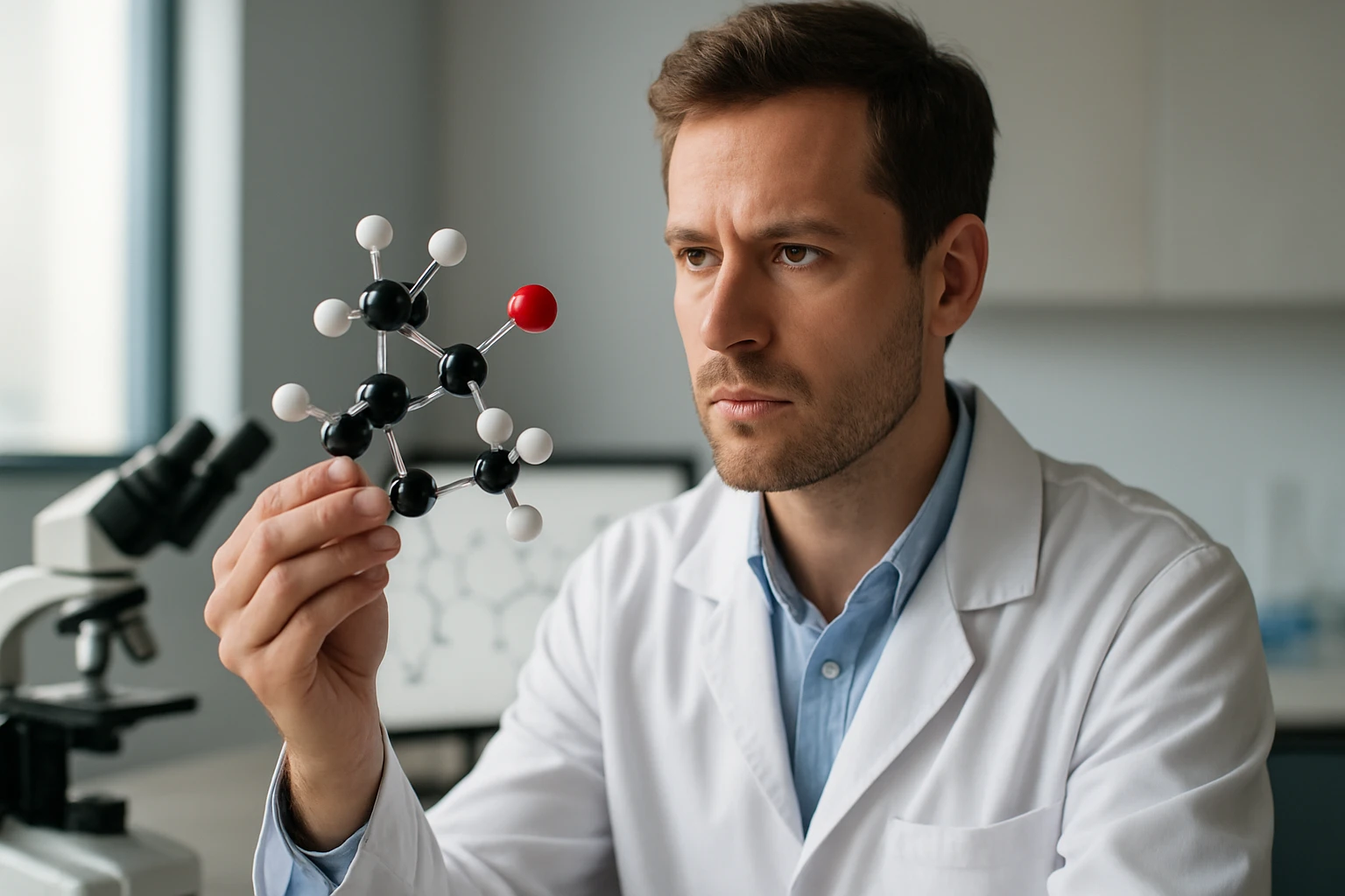 Egy fiatal kutató a tionilcsoport molekuláris szerkezetét vizsgálja.