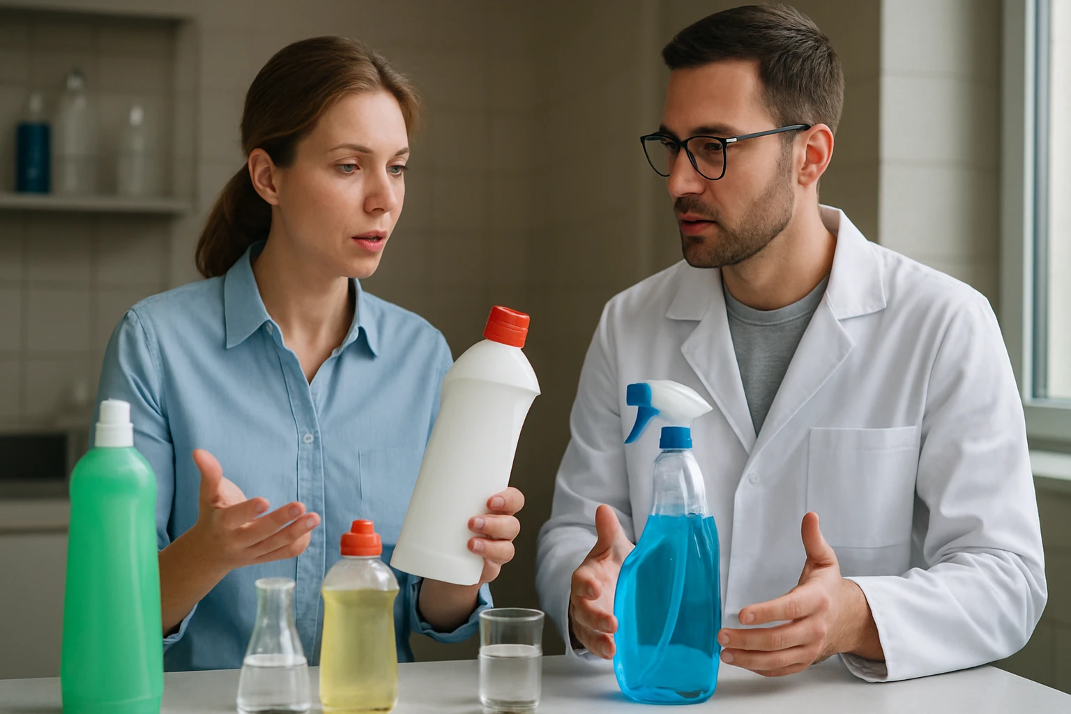 Két személy tisztítószereket elemzi laboratóriumi környezetben