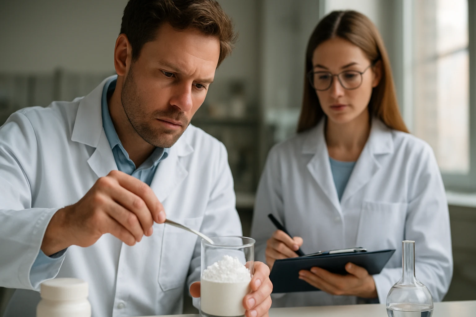 Két kémikus laboratóriumban titán-dioxidot vizsgál.