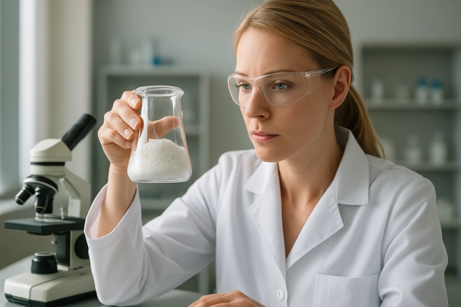 Laboratóriumi kutató titán-dioxid porral végez kísérletet