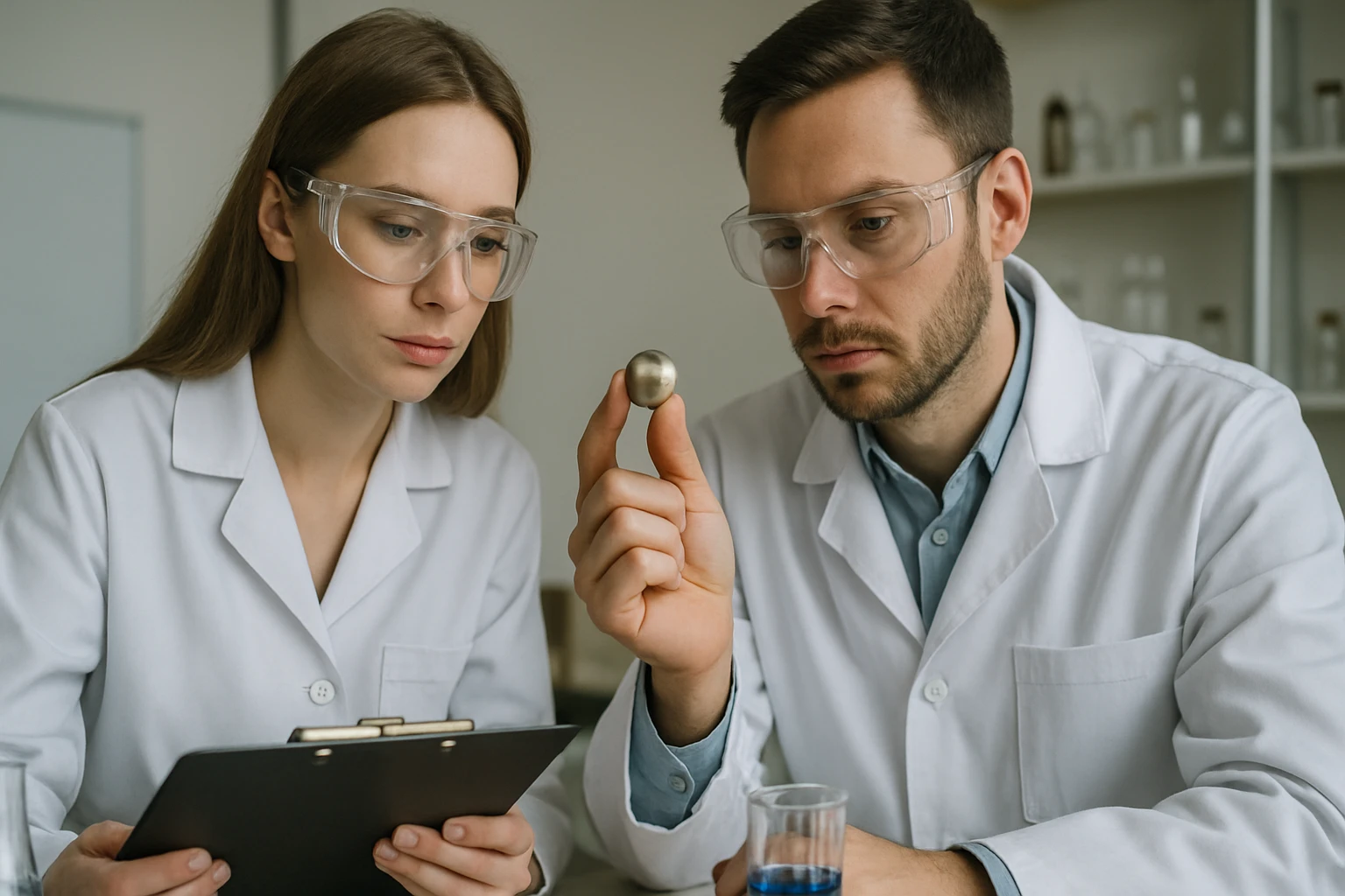 Két kutató a titáncsoport fémjével végzett kísérletet laboratóriumban.