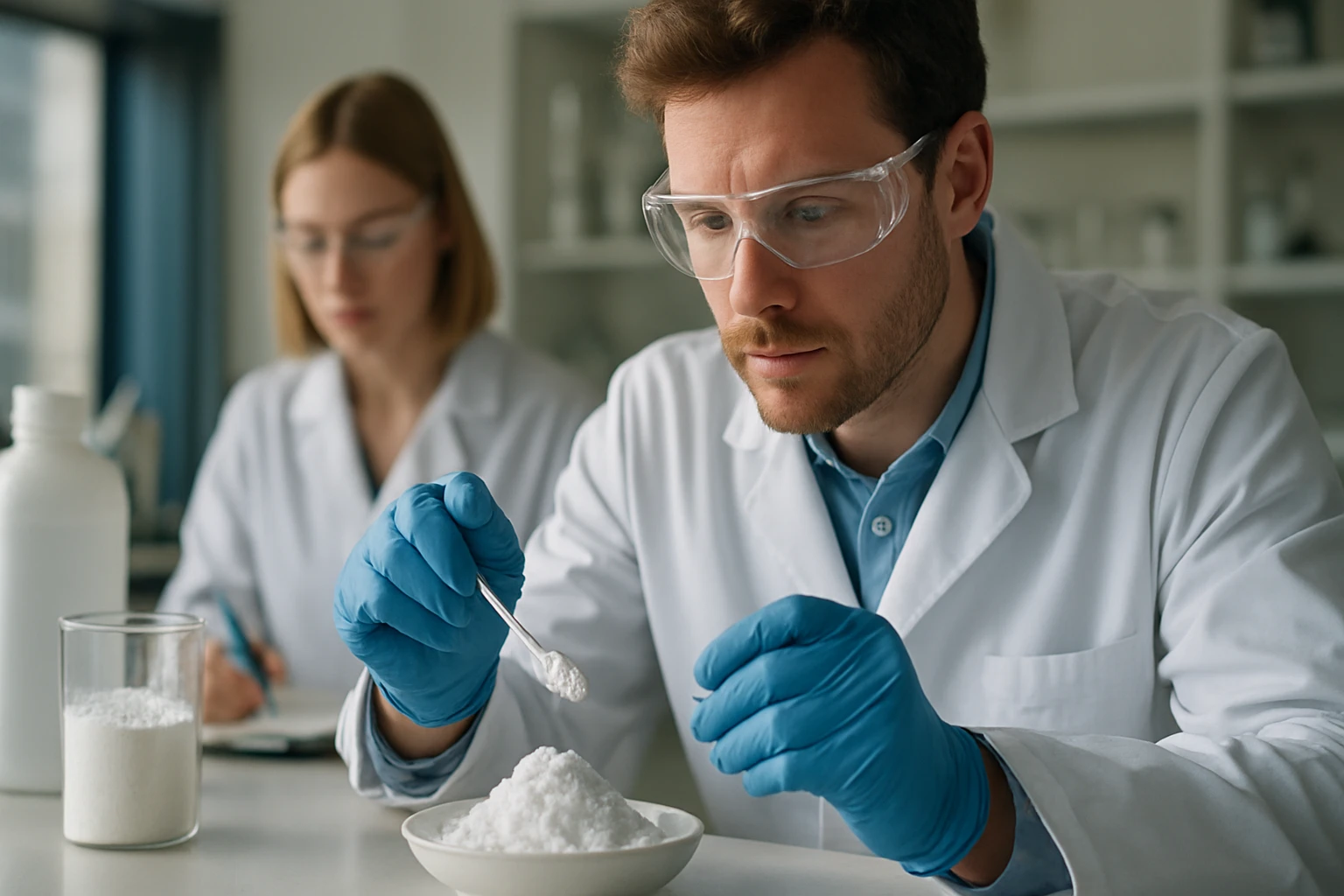 Kémikusok titánfehér pigmentet vizsgálnak laboratóriumban