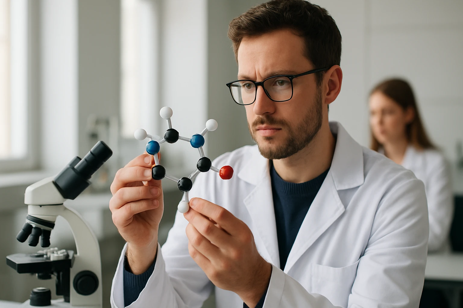 Kutató többértékű aminokat vizsgál egy molekula modell segítségével.